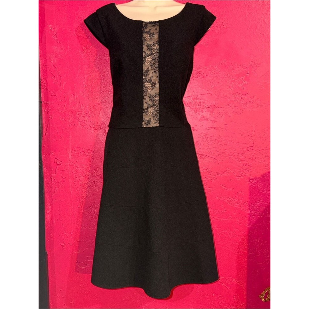 Betsey Johnson Black Lace-Panel Midi skater Dress. Sz 14. Whimsigoth.